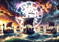 Poster - Kunstdruck - Wikingerschiffe im Sonnenlicht - 48x33cm