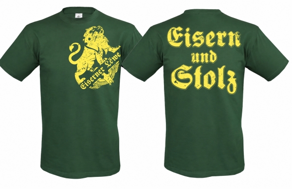 T-Hemd - Eiserner Löwe - Eisern und Stolz - flaschengrün/gelb