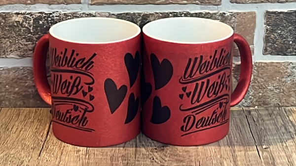 Glitzer Tasse - rot - weiblich weiß deutsch - schwarz